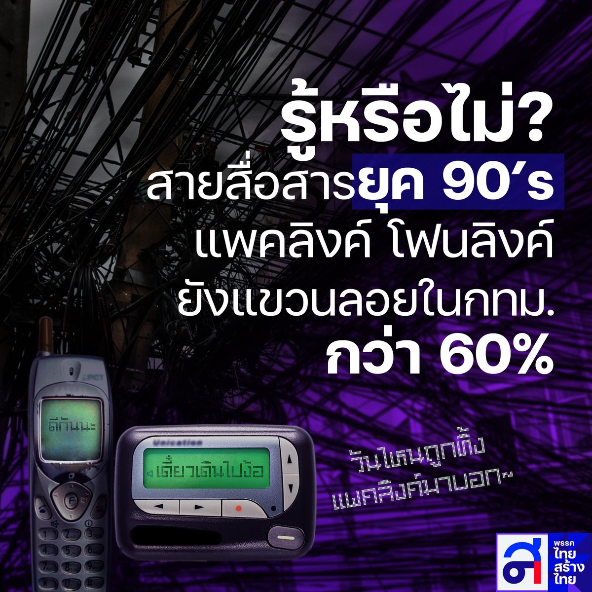 thaisangthai's tweet photo. ครเกิดทัน 3 สิ่งนี้คุณไม่เด็กแล้วนะ !
#PCT
#เพจเจอร์
#สายเคเบิ้ล 
.
ส.ส. ฐากร เลขาธิการพรรค ชวนสภาไปดูยุค 90's  ผ่านมากว่า 20 ปี “สายยุค 90’s แพคลิงค์ โฟนลิงค์ยังแขวนลอยอยู่” 
.
รู้หรือไม่สายสื่อสารที่เป็นสายตายหรือสายไม่ได้ใช้งานใน กทม. มีกว่า 60%! 

วันนี้ไทยสร้างไทย เสนอสภาให้จัดระเบียบสายสื่อสารในขณะนี้ เอาสายที่ไม่ได้ใช้งานลงจากเสาไฟฟ้าและมัดรวมรวบตึง!สายที่ใช้งานได้ 
แค่นี้ก็ทำให้กรุงเทพและหัวเมืองใหญ่สวยงามเป็นระเบียบแล้ว 

ฐากรยัน ยังไม่จำเป็นที่จะต้องใช้งบประมาณหลายหมื่นล้านนำสายสื่อสารลงดินเพราะจะส่งผลกระทบกับอัตราค่าบริการโทรศัพท์ของพี่น้องประชาชนที่ต้องแพงขึ้นอีกหลายเท่าตัว 
และการจัดระเบียบสายสื่อสารใช้เงินไม่เกิน1พันล้าน

จัดระเบียบสายเพื่อประหยัดงบนอกจากจะทำให้เมืองเป็นระเบียบ น่าอยู่แล้วบังไม่เป็นการผลักภาระให้กับประชาชน

#ไทยสร้างไทย
#สู้เพื่อคนตัวเล็ก