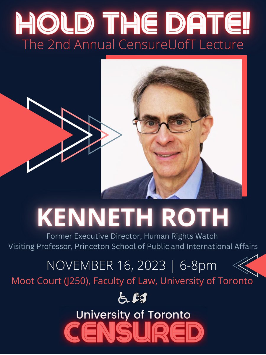Last year we launched the @CensureUofT Annual Lecture to mark the groundswell of solidarity and action that took shape on our campuses during the <a href="/CAUT_ACPPU/">CAUT/ACPPU</a> censure of <a href="/UofT/">University of Toronto</a> . Today, we are delighted to announce that Kenneth Roth will deliver the 2nd Annual Lecture in November.