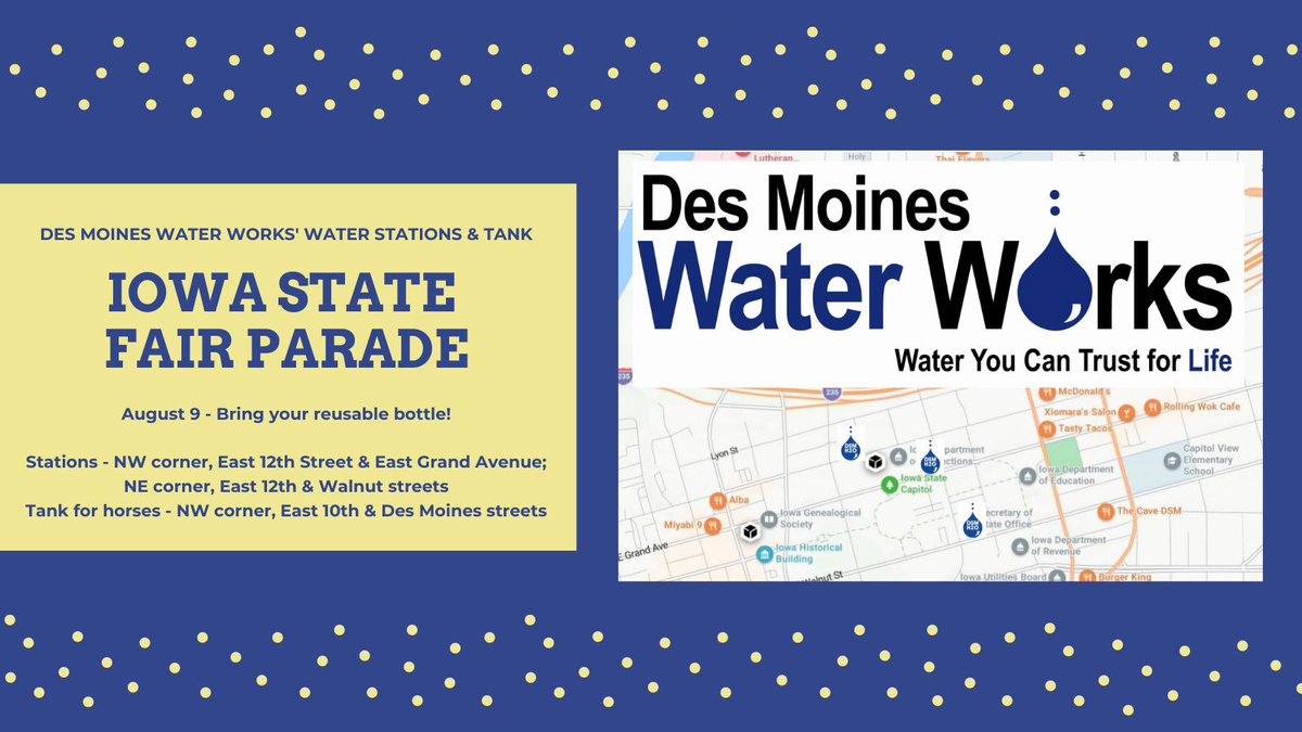 DSMH2O's tweet photo. Fill up your water bottle for free courtesy of @DSMH2O during today's Iowa State Fair Parade. Find our #filldrinkrepeat stations at these locations!
#iowastatefair #desmoineswaterworks https://t.co/N1PyV5sPFW