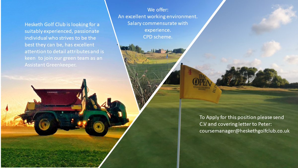 We are looking for an experienced Greenkeeper to fill a vacancy on our team. To apply or for more information please contact Peter. coursemanager@heskethgolfclub.co.uk 
Please retweet