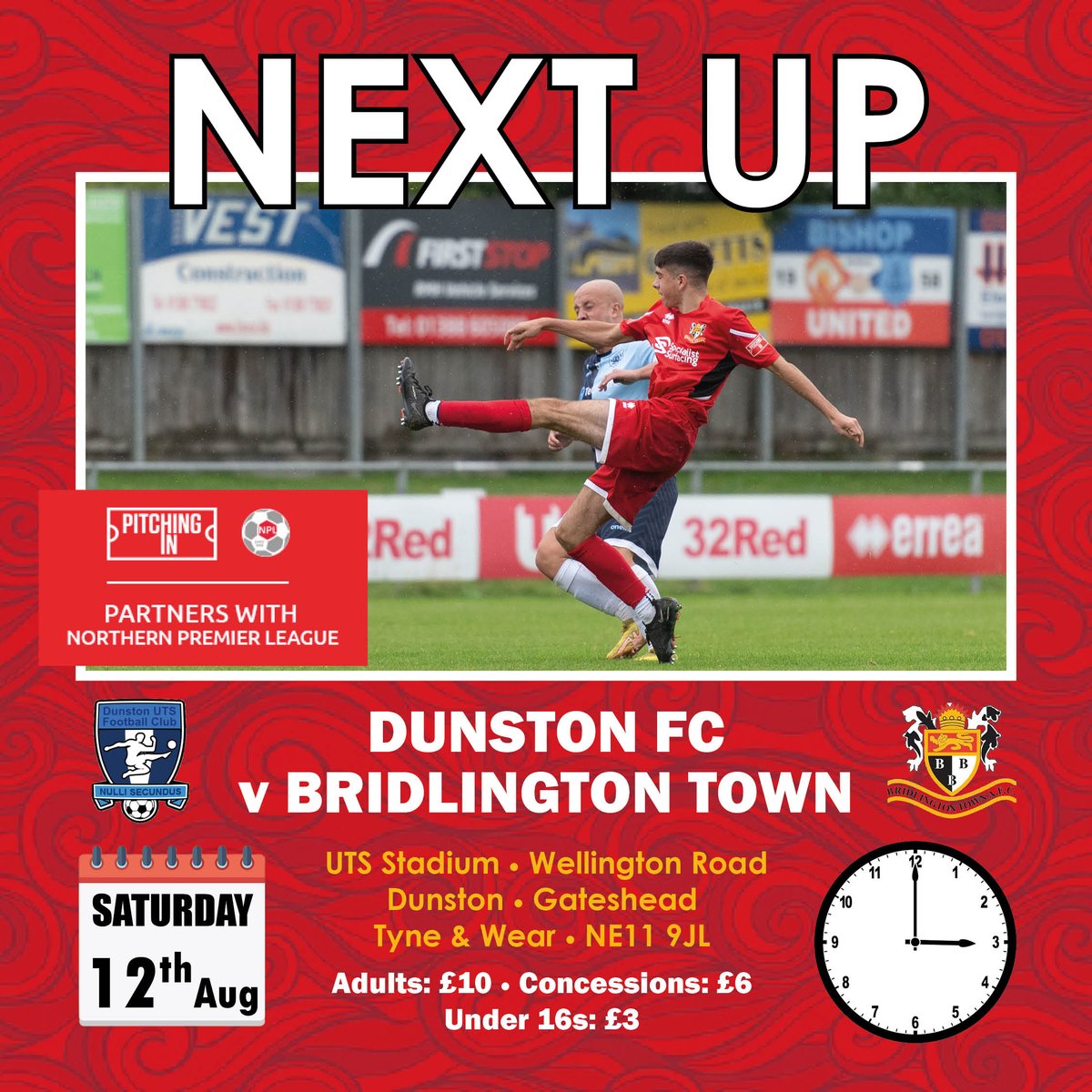 NEXT UP | An away game against @DunstonUTSFC as we look to bounce back from Saturday's FA Cup defeat. 🆚 Dunston FC ⏰ 3pm 🎟 £10 / £6 / £3 📍 UTS Stadium 📅 Saturday 12th August 📸 @JoeGorman_ 🔴⚪ #SeaSeaSeasiders