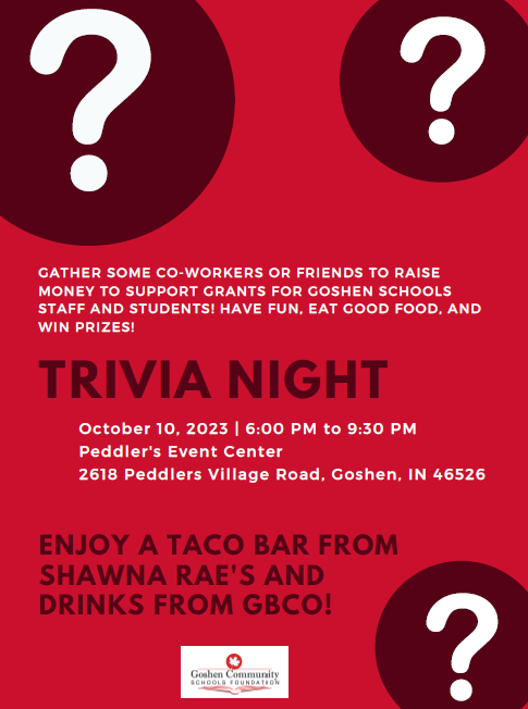 GoshenSchools's tweet photo. Trivia Night is a little earlier this year, so don't wait to register your team!! All proceeds will go to the GCS Foundation, to provide grants that support teachers and students. https://t.co/1cVSlYTEgi