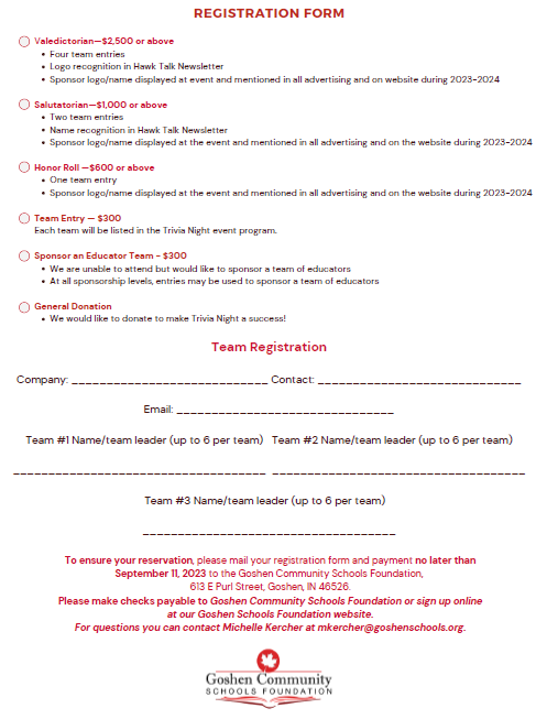 GoshenSchools's tweet photo. Trivia Night is a little earlier this year, so don't wait to register your team!! All proceeds will go to the GCS Foundation, to provide grants that support teachers and students. https://t.co/1cVSlYTEgi