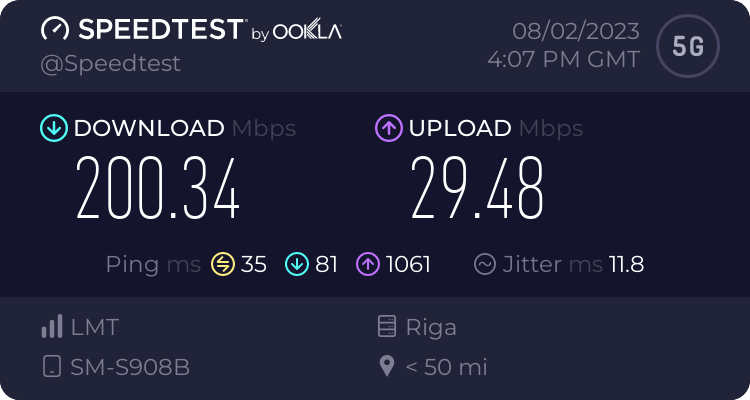 kaspars_bo's tweet photo. @PuukjisIN Vai tiešām? Smuks 200Mbps limits. Esmu testējis vairākās vietās Rīgā/Valmierā, vairākas reizes. Ieliekot konkurentu SIM karti tajā pašā telefonā, izdodas pat sasniegt 700-900Mbps download ātrumu. https://t.co/1hoSUMwyGs