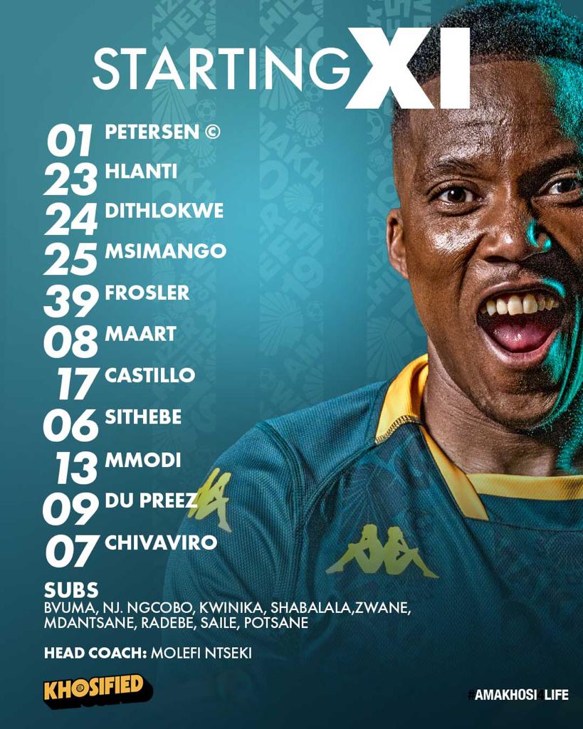 KaizerChiefs's tweet photo. DStv Premiership: Mamelodi Sundowns vs. Kaizer Chiefs 

Starting 11: Petersen ©, Hlanti, Dithlokwe, Msimango, Frosler, Maart, Castillo, Sithebe, Mmodi, Du Preez, Chivaviro 

Subs: Bvuma, Nj. Ngcobo, Kwinika, Shabalala, Zwane, Mdantsane, Radebe, Saile, Potsane 

Head Coach: Molefi Ntseki 

#Amakhosi4Life #DStvPrem #Khosified