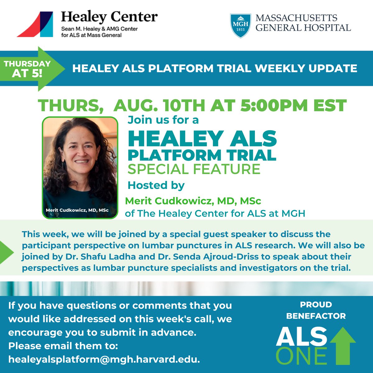 alsone_official's tweet image. Tomorrow, 8/10 at 5pm: An #ALSPlatformTrial #SpecialFeature! Host @MeritCudkowicz will be joined by a special guest speaker to discuss the participant perspective on #LumbarPunctures in #ALS. Register at: lnkd.in/e6FYk7tA. #EndALSB