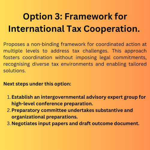 #TaxTwitter Here are the3⃣options I've summarised from the @UN Sec Gen's AUGUST 2023 report on international #tax #cooperation. The move away from @OECDtax is gaining traction. What will be the way forward? @TaxJusticeNet @TaxJusticeAfric @womentaxjustice @UNOSAA1 @Duarte_UNOSAA