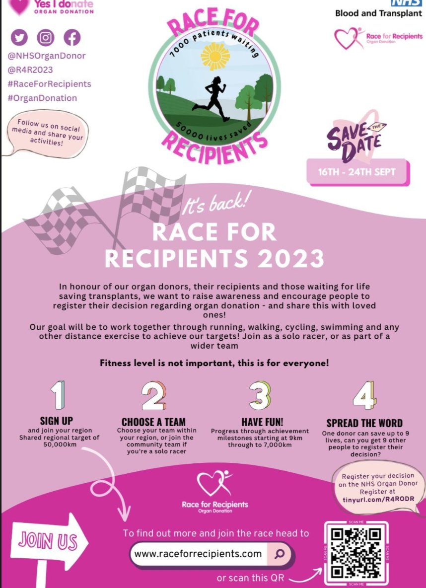 teamwghicu's tweet photo. It's back for 2023. Join @teamwghicu by signing up for #RaceForRecipients and help raise awareness for @NHSOrganDonor. Join the @NHS_Lothian team and record your miles during 16th - 24th Sept. It's that simple. https://t.co/IyDVHFAgL7