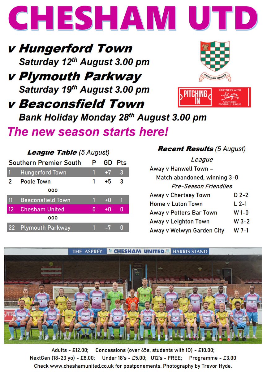 🎟️ Tickets are now on sale for our first 3⃣ home games of the season

🗓️ <a href="/HungerfordTown/">Hungerford Town FC</a> - Sat 12th
🗓️ <a href="/PlymouthPFC/">Plymouth Parkway FC</a> - Sat 19th
🗓️ <a href="/BeaconsfieldFC/">Beaconsfield Town FC</a> - Mon 28th

Get yours at the link below👇

cheshamunitedfc.ktckts.com/brand/match-ti…
