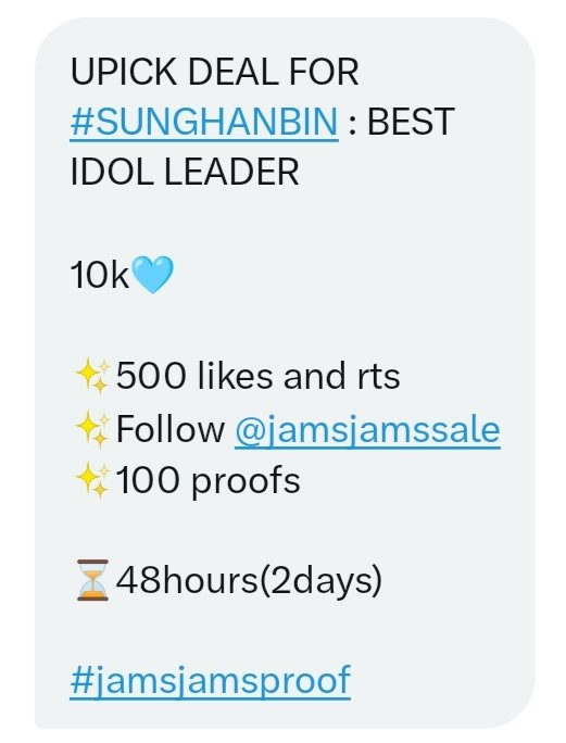 AllinAngeldan18's tweet photo. 🌼RT Deal for #ZEROBASEONE  #SUNGHANBIN🌼 UPICK- BEST IDOL LEADER! 

 10,000 (10k) 💙

RULES:
🌼 FOLLOW @jamsjamssale
🌼500 LIKES and RT
🌼 100 proofs

Deadline: AUG 11 (48 HOURS)

#SUNGHANBIN #성한빈   
#ZEROBASEONE https://t.co/HvZwOaShYg