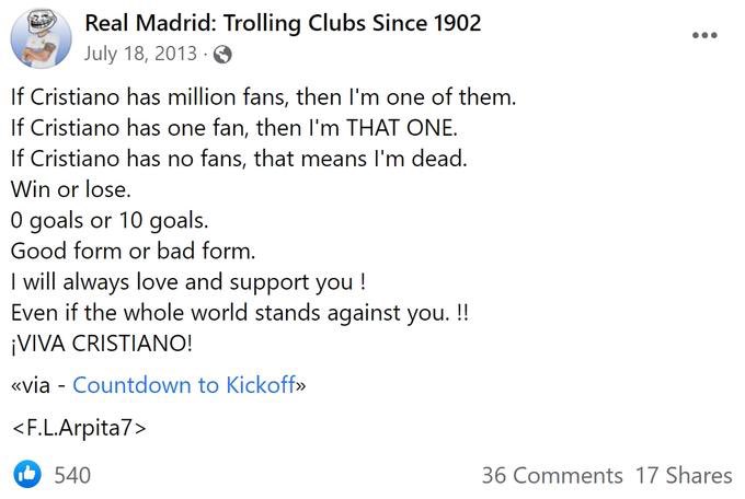 Kafka: "Milena, if a million loved you, I am one of them, and if one loved you, it was me, if no one loved you then know that I am dead."

Some Cristiano Ronaldo fan:
