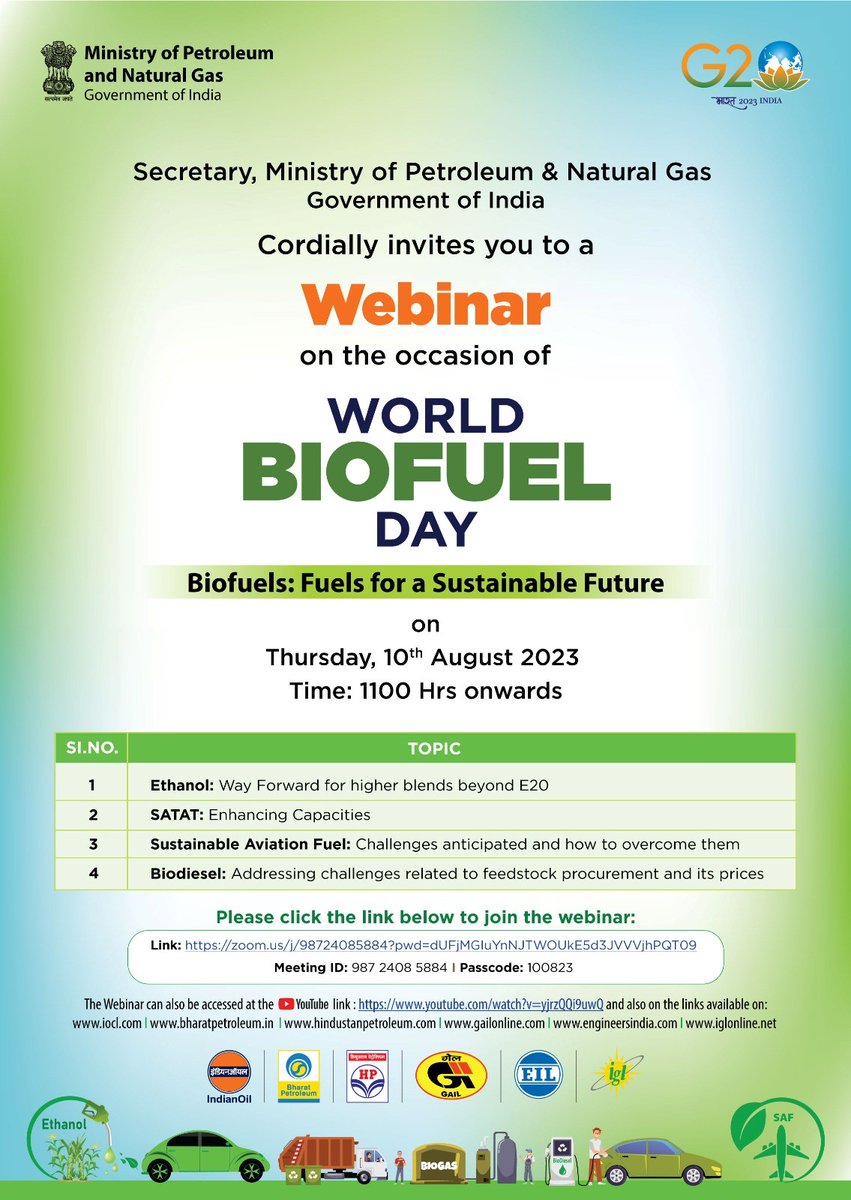 🌱 Join us on #WorldBiofuelDay2023 🌏 as we celebrate the same this year with the theme'Biofuels: Fuels for a Sustainable Future.' 🛢️Hosted by the #MoPNG, the insightful #Biofuels webinar will be held on 10.08.2023, 11 AM onwards. 📅🕚 🔗youtube.com/watch?v=yjrzQQ…