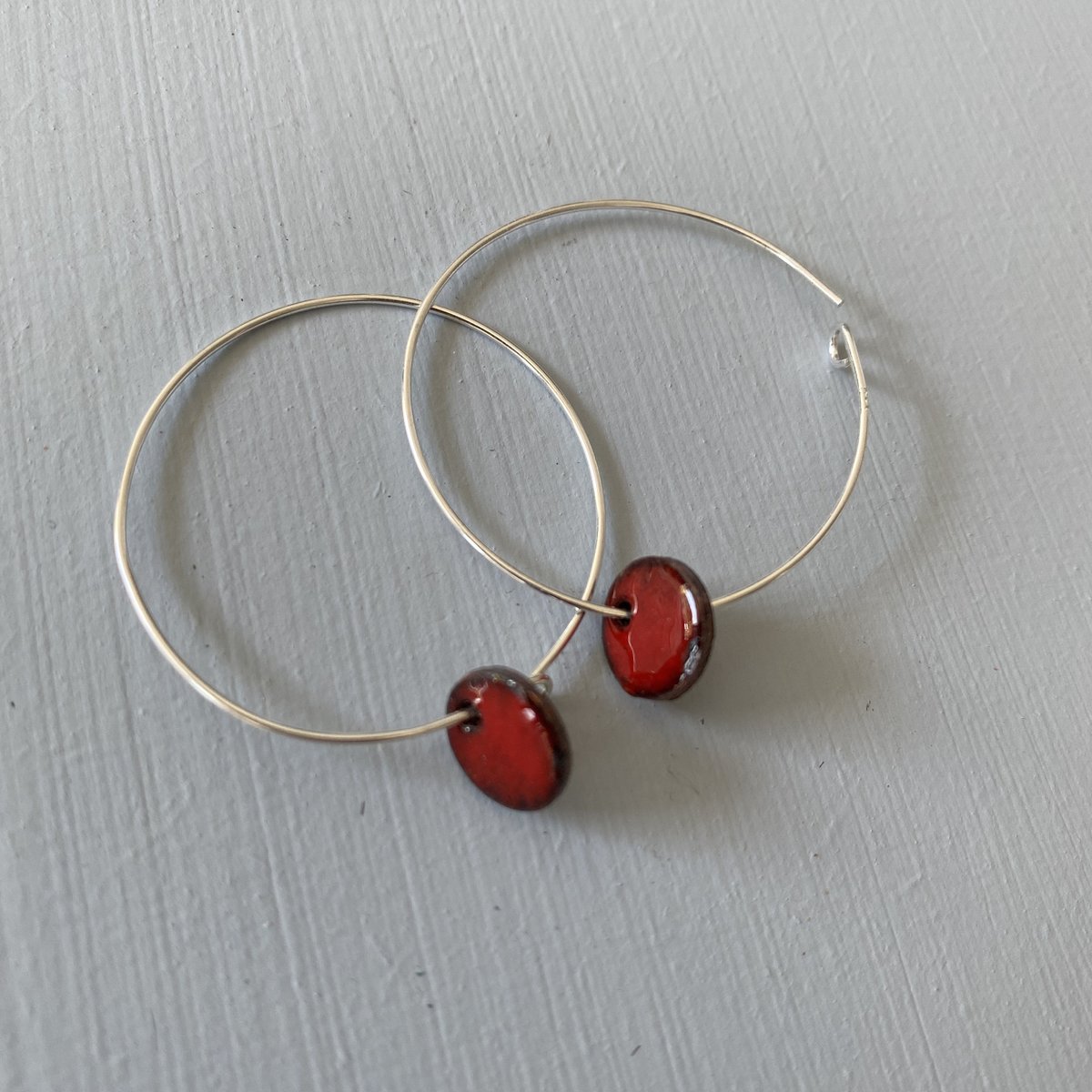 Large Sterling Silver Hoop Earrings with Bright Red Enamel Disc Charm, Sterling Silver Hoop Earrings tuppu.net/7de204fe #Etsy #MHHSBD #ShopIndie #MaisyPlum #UKCraftersHour #RedHoopEarrings