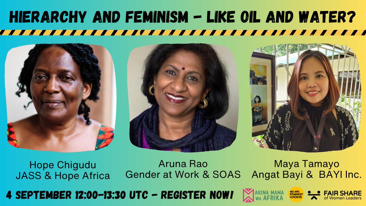 we_are_fl's tweet photo. 🚧 Hierarchy and feminism - like oil and water? 🚧

Join us to explore this question with your peers and three special guests: @HopeChigudu (@jass4justice), @arunashreerao (@GenderatWork) &amp; Maya Tamayo (@angatbayi)!

Register now: https://t.co/PHKGl5XtNv

 @amwaafrika @fair_wl✨ https://t.co/HGmNXq1drK