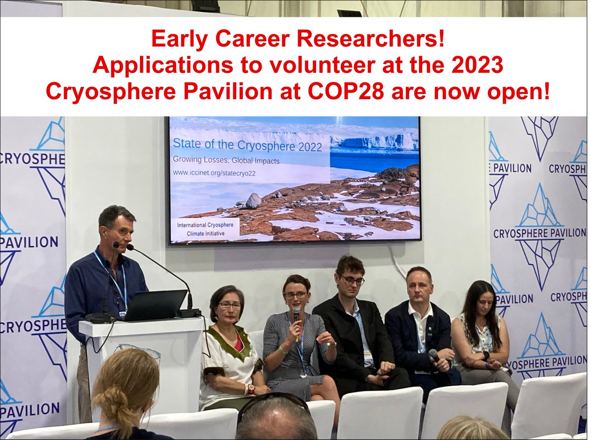 Calling all #ECRs!

We are offering an opportunity to bring your science to policymakers <a href="/COP28_UAE/">COP28 UAE</a> by volunteering at the 2023 #cryosphere pavilion!

Applications close Monday, September 04
iccinet.org/cop28-cryosphe…

Please RT and share widely!