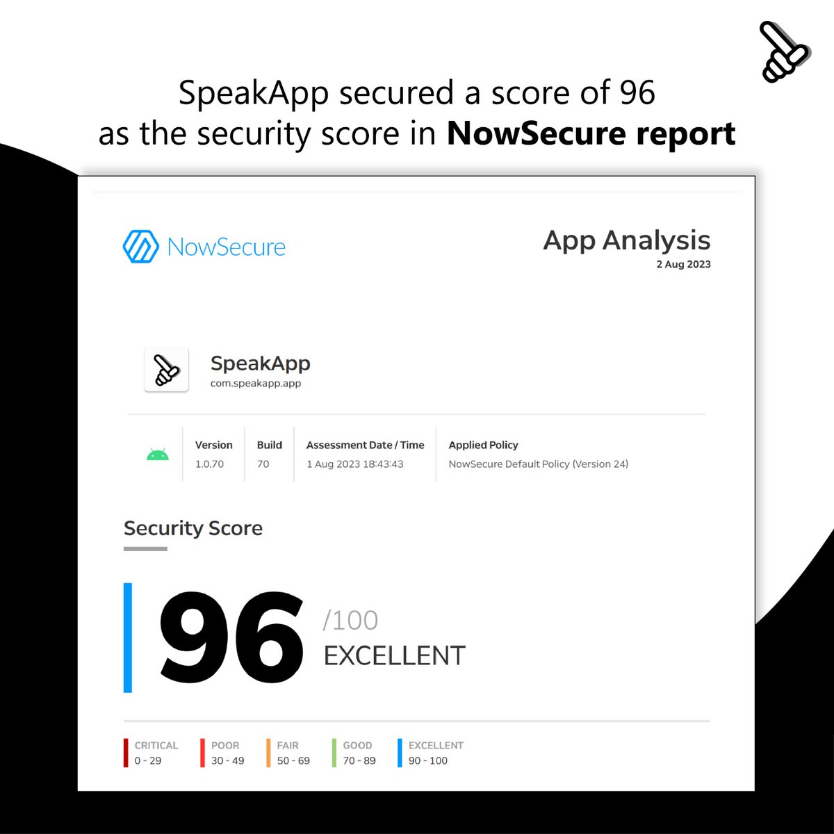 _speakapp's tweet photo. SpeakApp Social Media  scored an impressive 96 on NowSecure security analysis for Mobile Apps

#security 
#mobileapp
#Socialmedia 
#audio
#SpeakApp https://t.co/2ZtHPDG4eD