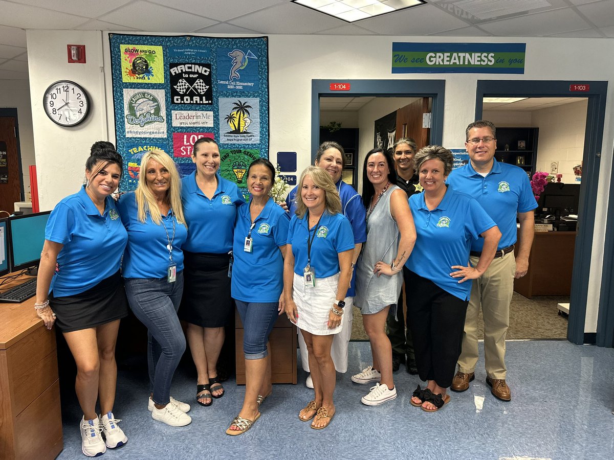 LaurelOakElem's tweet photo. The LOE office team is ready for a wonderful year! A reminder that the Meet and Greet is from 1-3pm today! Go Dolphins! #multiplykindness https://t.co/lHh2Q2VPdg
