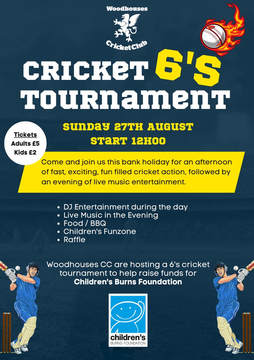 Charity Cricket 6's Tournament - Sun 27 Aug - Join us for a fun filled afternoon of fast cricket and an evening of live music, to help raise funds for the Children's Burns Foundation. tickettailor.com/events/woodhou…
