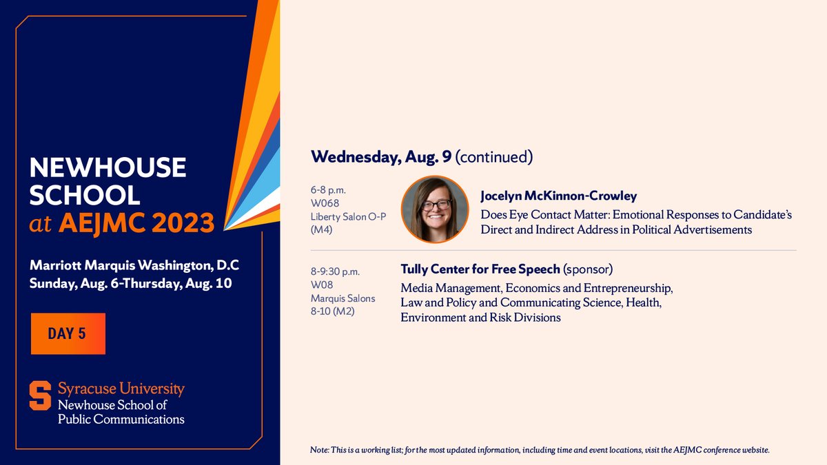 It's Wednesday @aejmc and #Newhouse topics include political engagement during Brazil’s presidential election, AI’s detection and attribution capabilities and a First Place Graduate and Undergraduate Student Paper Award!  #AEJMC23 #NewhouseImpact