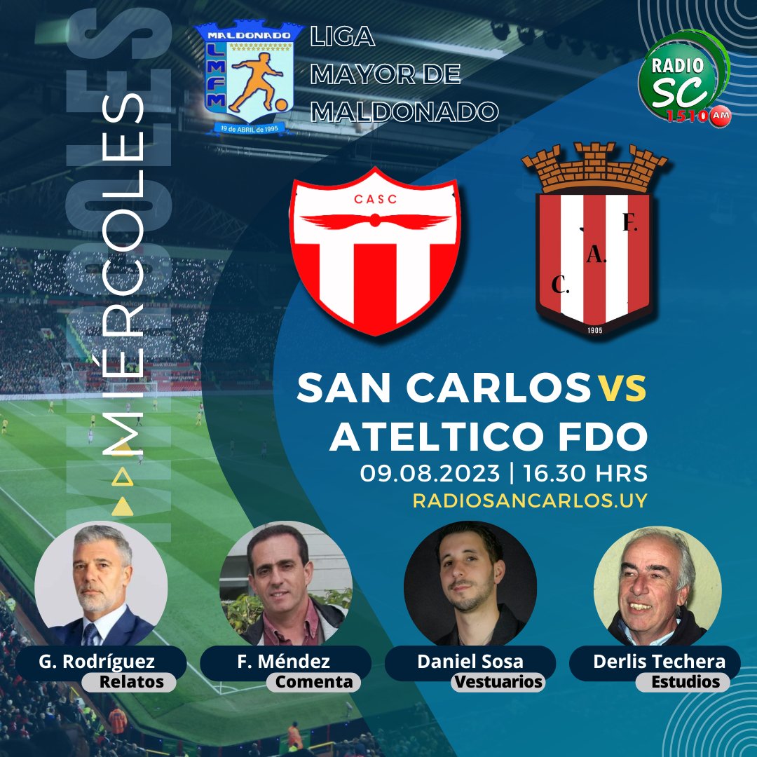 RSC1510's tweet photo. 📅Hoy es el día. 
🕔 A las 17:30, San Carlos y Atlético Fernandino se enfrentan en un partido épico por Liga Mayor de Maldonado.  ¡Acompáñanos desde las 16:30 para calentar motores! ⚽🏆 

En la 📻: 1510AM 
En la 🌐: https://t.co/km37AOkukQ
En la 📺: Canal 37 del Cable 8 digital https://t.co/BpuCnVNqBq