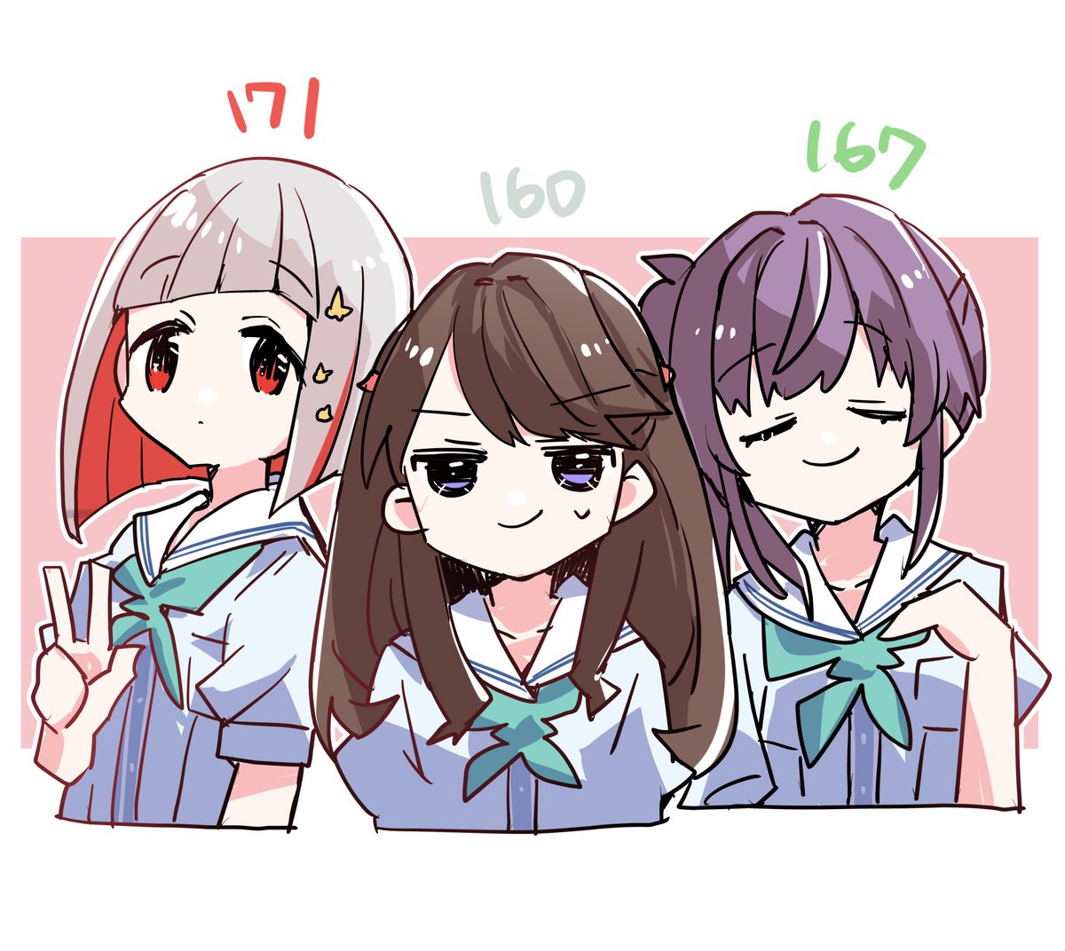 「蓮2年生、綴理先輩と梢センパイとめぐ先輩の身長差よ…尊いが過ぎる… #蓮ノ空美術」|環月紙袋僕ラブ「ジ51,52」せつはる合同＋おまめ合同＋個人誌🌈👼🔖💫🐬♦✨のイラスト