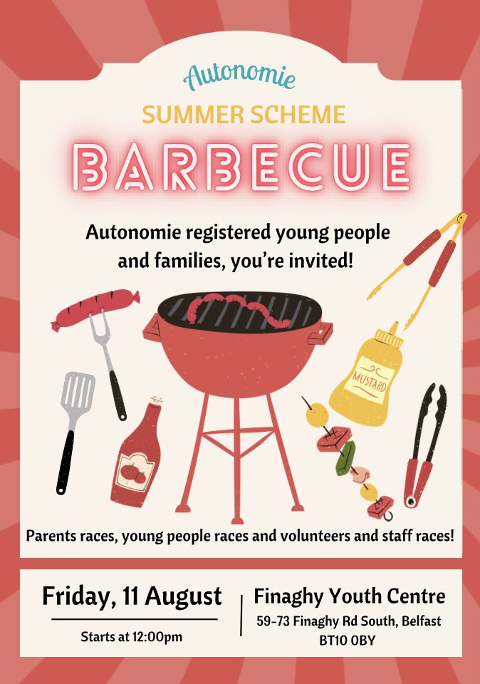 AutonomieInfo's tweet photo. The annual Autonomie end of Summer Barbecue takes this week. All Autonomie registered young people and family members are invited! π πβοΈ
#AutonomieBelfast
#AutonomieVIYP
#AutonomieSIBs
#AutonomieVIPs https://t.co/MnoYByYP43