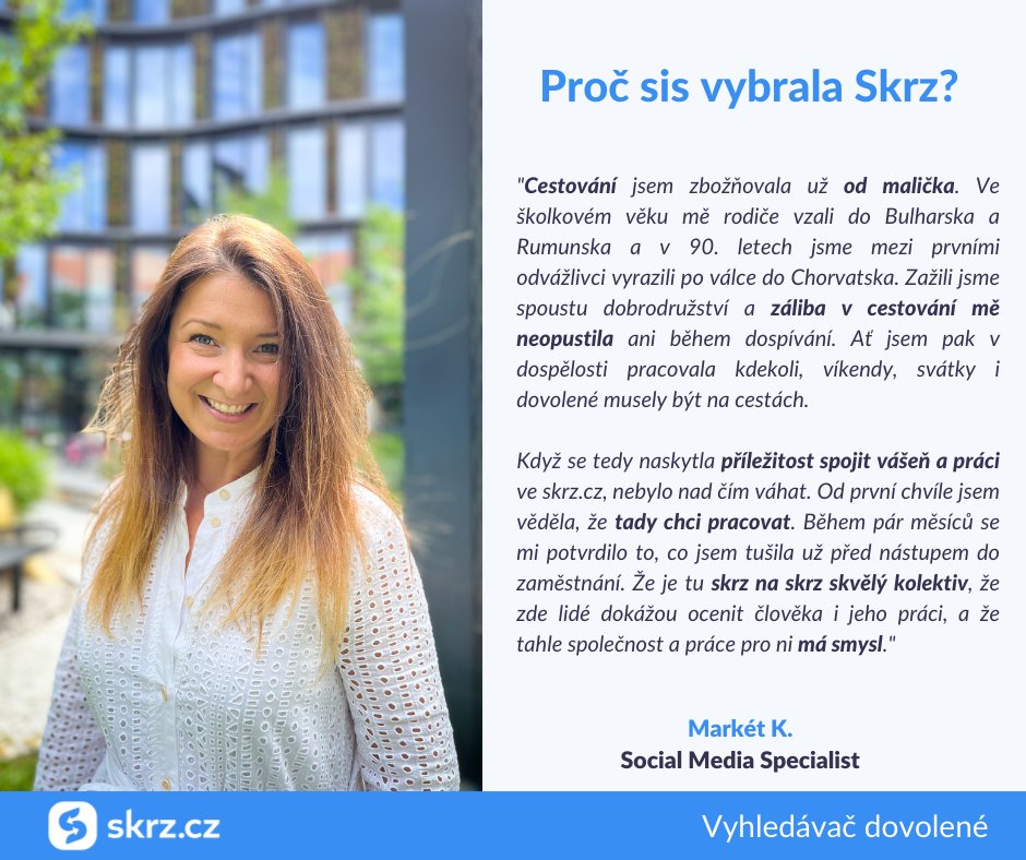 Seznamte se s Markét, naší nejnovější posilou v marketingu.🤗 Maky velmi rychle zapadla do týmu a už je naší parťačkou půl roku - toto letí. 🤩 A čím jsme si ji vlastně získali? 👇👇 #SkrzCz #skrzaci