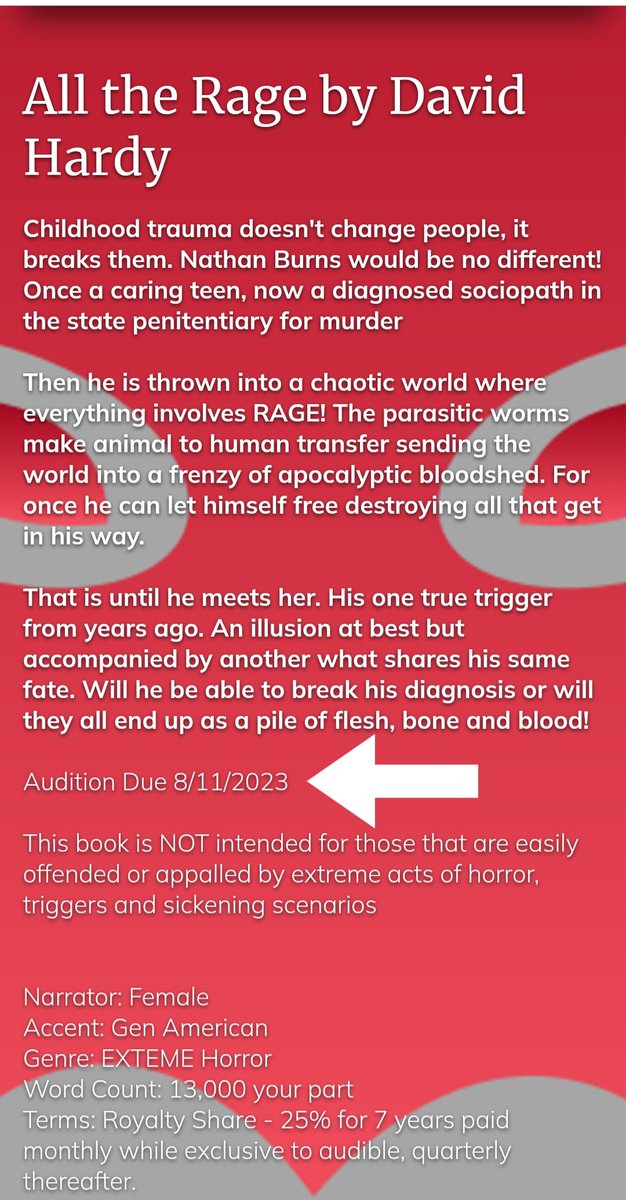 HorrorHardy's tweet photo. #audition for #ALLTHERAGE with #frightnightaudio #narrators #voiceactors #femalevoice #extremehorrorbooks #extremehorror #horrorreaders #horrorbooks #horrorcommunity #horrorfamily #splatterpunkbooks #splatterpunk #zombies #zombieapocalypse #postapocalypse #booktok #bookstagram https://t.co/n4cfO3SErZ