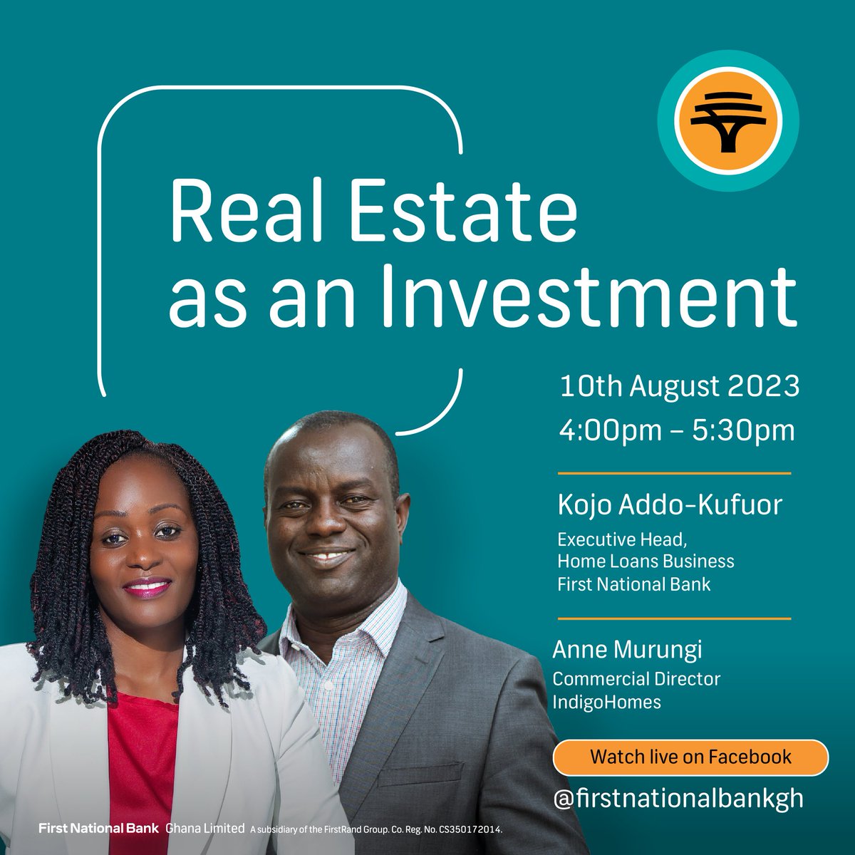 firstnatbankgh's tweet photo. It’s this Thursday at 4:00 pm on Facebook Live!
Join Anne Murungi and Kojo Addo-Kufuor for an insightful session and practical tips on how to navigate the world of real estate investing.
Don’t miss out!
#TheHomeChat
#RealEstateInvesting
#TheChangeables https://t.co/xOEsbnyi7q