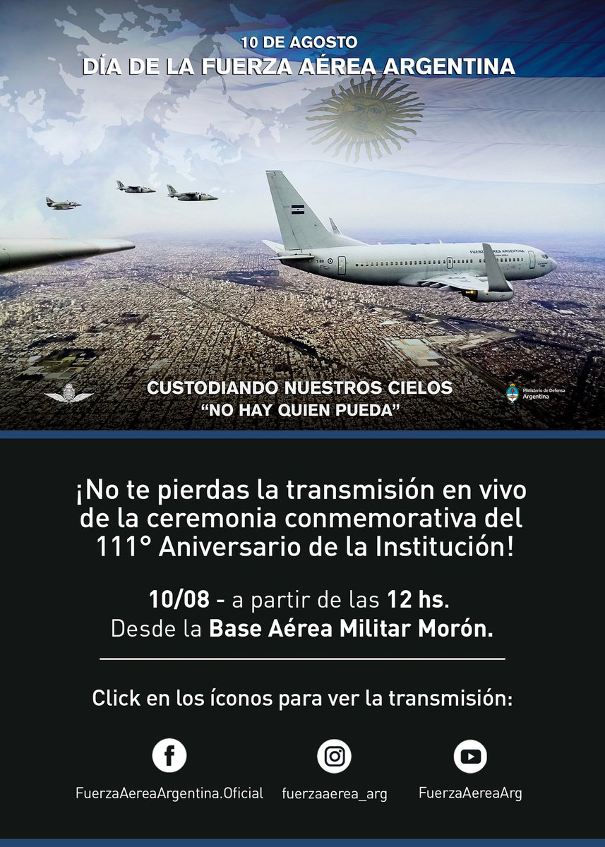 Te invitamos a participar de la transmisión en vivo que se realizará desde la Base Aérea Militar Morón a partir de las 12hs a través de nuestros canales oficiales:

Facebook: facebook.com/FuerzaAereaArg…

Instagram: instagram.com/fuerzaaerea_ar…

Youtube: youtube.com/@FuerzaAereaArg