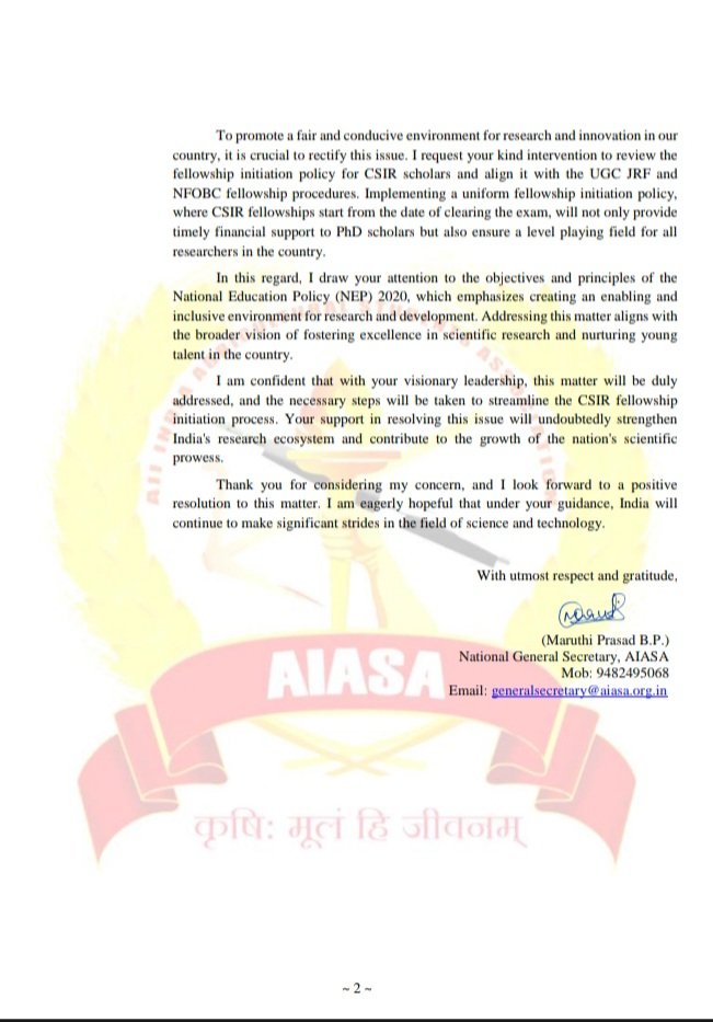 Regarding the delay in the commencement of #CSIR #Fellowship for #PhD scholars, #AIASA has written a letter concerning the same to withstand with the students 
<a href="/CSIR_IND/">CSIR, India</a>