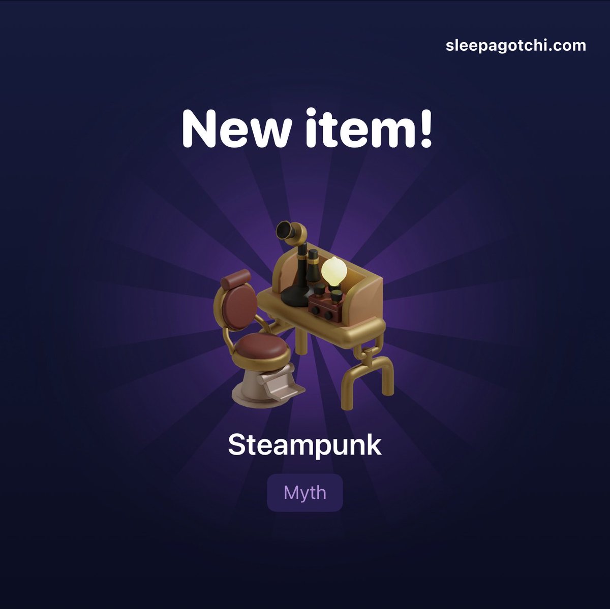 rubinpatrick_'s tweet photo. I dropped a Myth Setting “Steampunk“ today in #Sleepagotchi. Chances of that item dropping are 0.02% https://t.co/QeBi8OrPM4