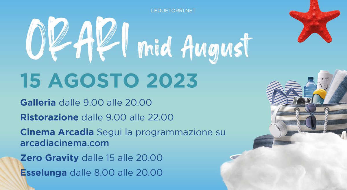 Le_Due_Torri's tweet photo. A Ferragosto Le Due Torri è con te! 🌞
Ecco tutti gli orari ⤵️
E non dimenticare le nostre altre sorprese... Dalle 15 alle 19 super degustazione di frutta, e dalle 10 alle 19 promo gift card: acquista una gift card da 100 euro e ottieni 30 euro di buoni da spendere!!! 😍 https://t.co/JFy4U9SaUq