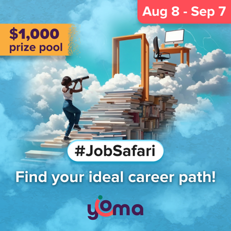 YunitokKenya's tweet photo. Curious about your dream career? 🤔 Join #JobSafari challenge by Yoma and Goodwall! Take Yoma’s Career Path quiz, match it with your dream job, share a short video on Goodwall, and win from a $1000 prize pool! 🎥🏆 Ends Sept 7th. Download Goodwall: https://t.co/VF5ktrU8og https://t.co/PBQO9RpXma