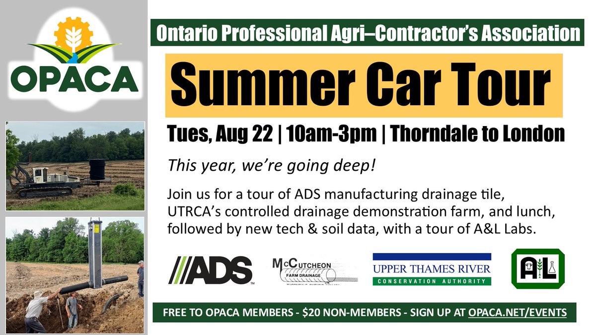 Time to register for our Aug 22nd tour - Thorndale to London with a focus on drainage &amp; soil. Here is the link! opaca.net/events/#id=164…   #OntAg #fromthefield