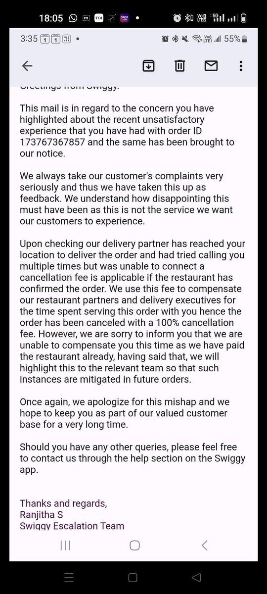 JanardhanSB's tweet photo. @Swiggy @harshamjty Till now @SwiggyCares could not provide any explanation as to what happened to the items that we ordered. Has it been returned back to store? The only explanation we received is mail that is given here https://t.co/sgxgIewBrB