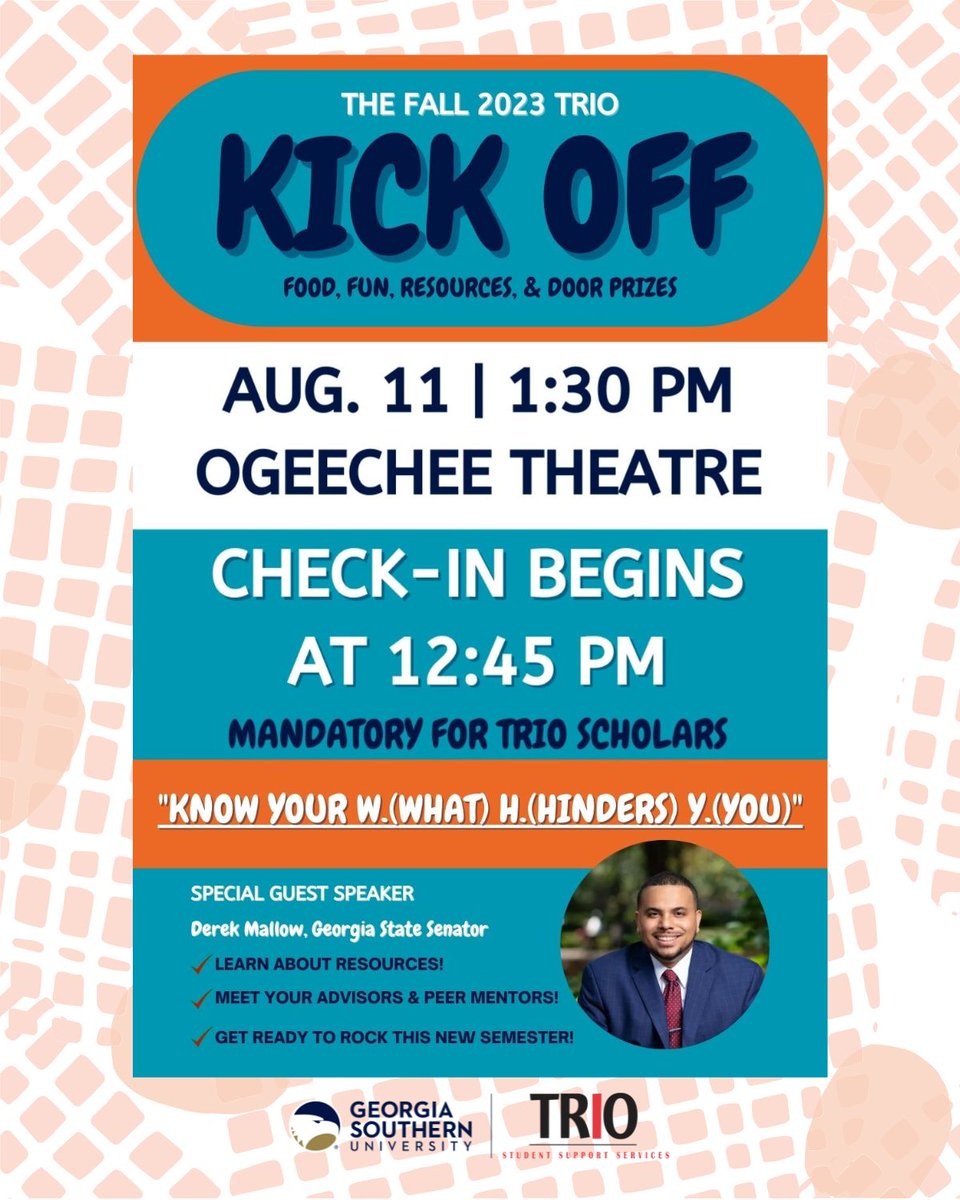 trioarmstrong's tweet image. The TRIO Fall &apos;23 Kick Off Is Happening this Friday!
Let&apos;s kick off the new academic year and hear from a special guest speaker and campus partners about resources and opportunities available to you!
Check-in begins at 12:45pm. 
See you there!

#TRIOWorks #TRIOSSS #HailSouthern