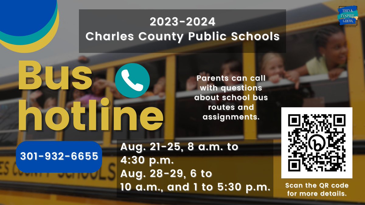 Parents can call the bus hotline (301-932-6655) with questions about their child's school bus routes beginning Aug. 21. All route information will be loaded into School Locator Aug. 21. See the hotline schedule on the flyer below. For more info visit, bit.ly/43ZeQuD.