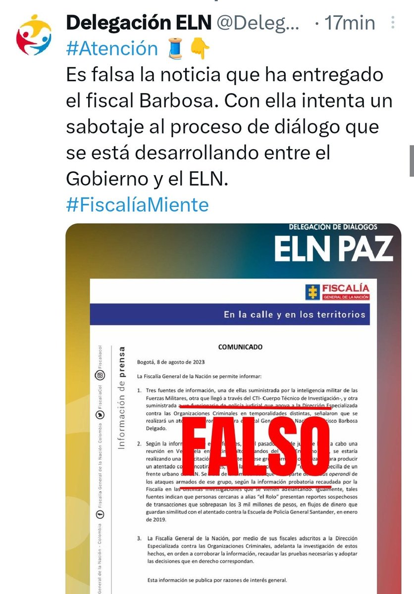 El perfil oficial de la delegación del ELN para el diálogo con el gobierno, dice que la noticia de que hay un atentado con francotiradores (a lo Kennedy), es falsa. ¿No les funcionó lo de Nicolás Petro y ahora quieren entorpecer la Paz Total?