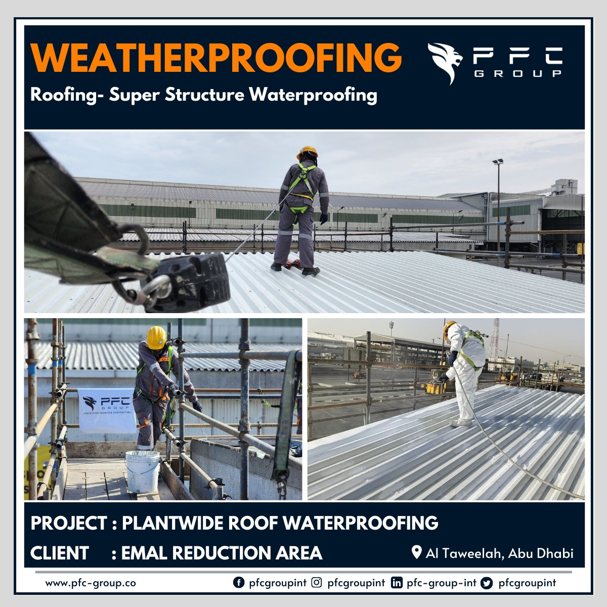 PFC Group has expertise in Weatherproofing Solutions across UAE, PFC Group has successfully finished the Super Structure Waterproofing Works at Al Taweelah, Abu Dhabi.

#Waterproofing #RoofStructure #SuperStructureWaterproofing #Roofing #ReductionArea #Weatherproofing #PFC