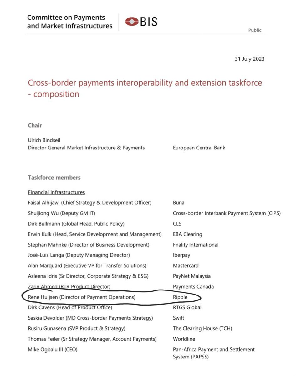 BOOOOOOOOOOOOOOOOOOOOOOM!!!!

Bank of International Settlements Task Force on August 2023. <a href="/Ripple/">Ripple</a> will be there with the big players! 

*Cross-border payments interoperability and extension taskforce - composition* #XRP

 Source: bis.org/cpmi/cross_bor…