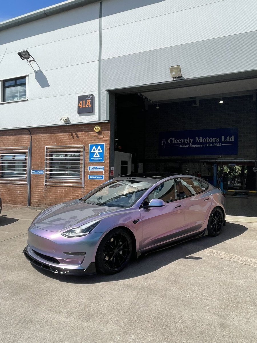 #TeslaModel3 in the workshop today for an <a href="/ForgeMotorsport/">Forge Motorsport</a> Suspension Kit install. #TeslaWrap #Model3 
#CoiloverKit