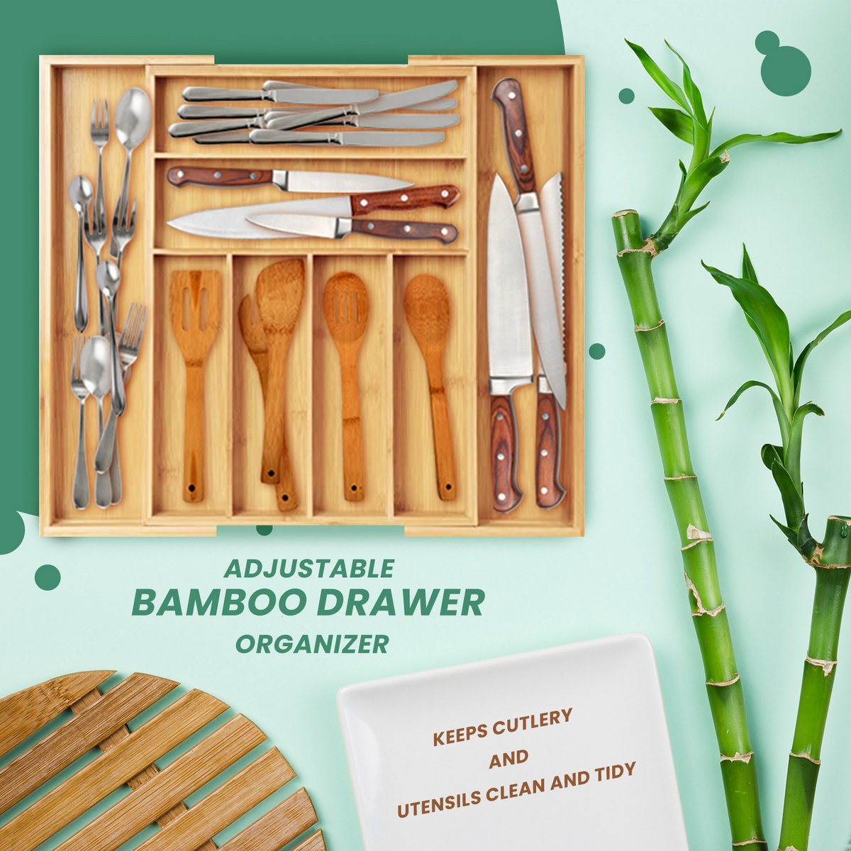 Keep your drawers organized and your home looking its best with bamboo drawer organizers. Shop Bamboo drawer organizer link in bio. #organizeme #bambooorganizer #kitchendrawer #kitchenracks #woodenracks#drawerorganizer #kitchenorganization #kitchenorganizer #founditonamazon