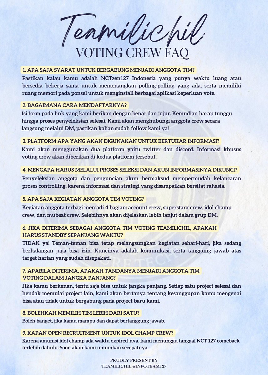 infoteam127's tweet photo. [OPEN RECRUITMENT TEAMILICHIL VOTING]

Dalam rangka #NCT127 comeback, kami mencari NCTzen127 yang berdedikasi untuk bergabung di VOTING CREW tahun ini!👀💚

Pilihan tim:
🍋ACCOUNT CREW
🫐MUBEAT CREW
🍏SUPERSTAR X CREW

Join di sini: https://t.co/FAtSdaNSLF

@NCTsmtown_127 https://t.co/WICyYm36ud