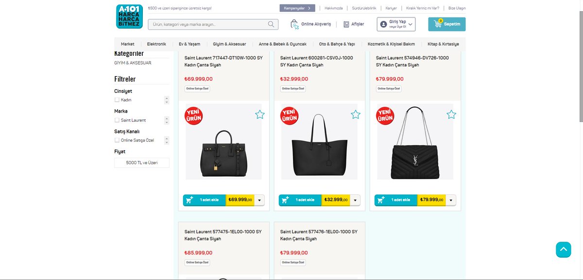 A101, 32 bin 999 liradan başlayan fiyatlarla Saint Laurent marka çanta satmaya başladı.