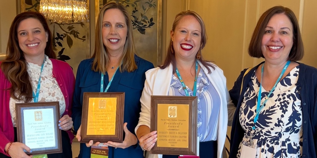 SWFL_FPRA's tweet photo. FPRA SWFL Chapter was honored with 3 President’s Awards at the Annual Conference for sponsorship development; diversity, equity and inclusion; and Hurricane Ian relief! Kudos to the board &amp; leadership team for their hard work. #FPRAConference #YouBelongAtFPRA https://t.co/ewfdb5Qy4Q
