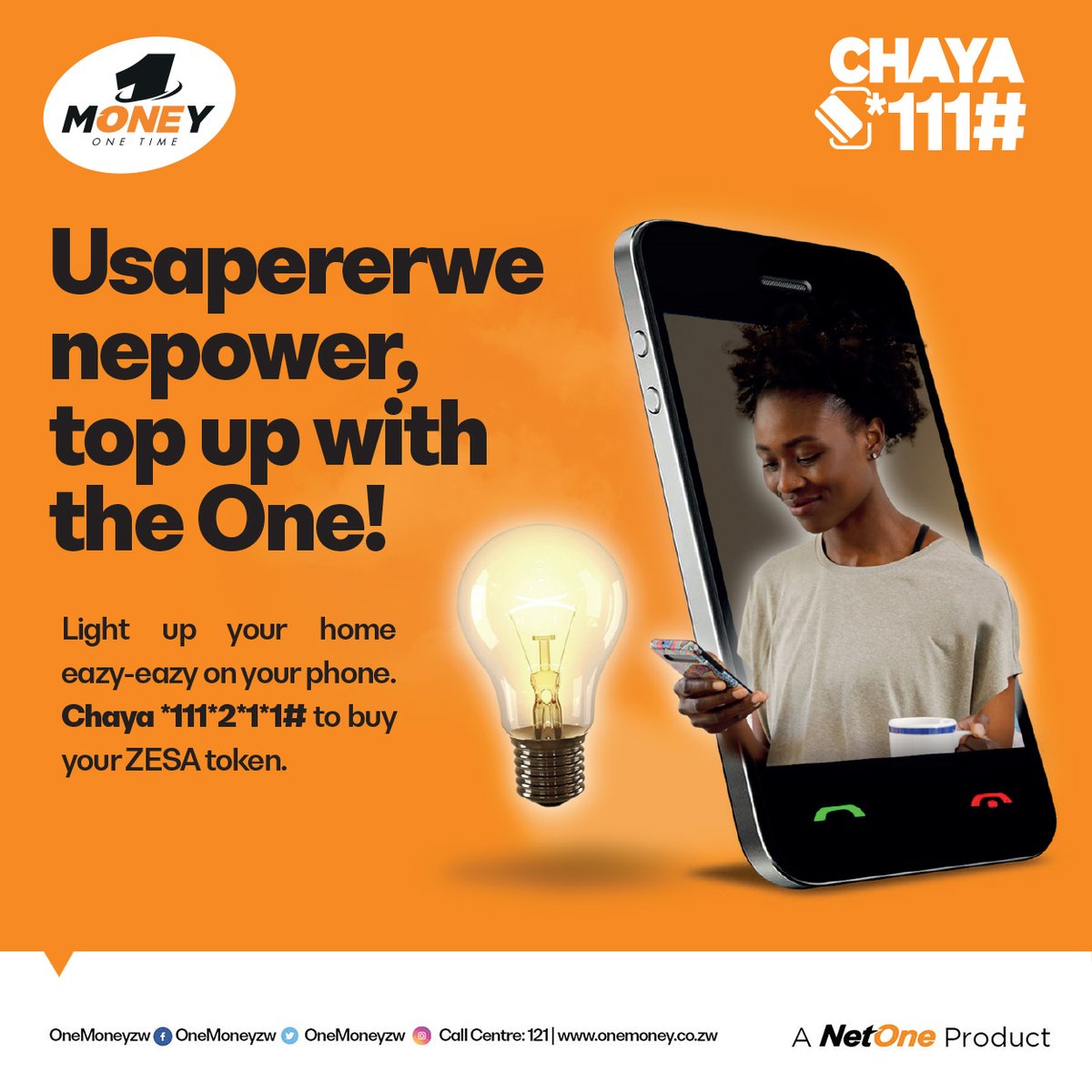 NetOneCellular's tweet photo. Dial *111*2*1*1# to top up with OneMoney! Buying your ZESA token is as easy as *111#
#ItsOneTime https://t.co/FRcG7RIC82