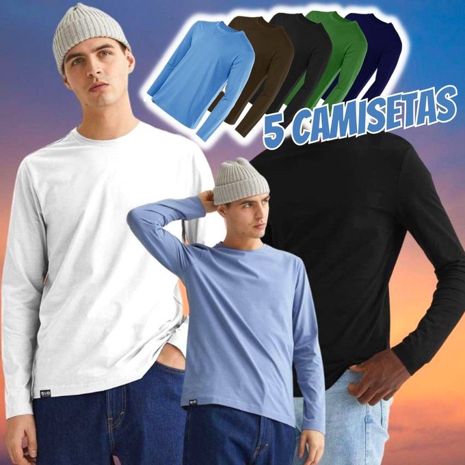 Kit com 5 Camisetas Básicas Manga Longa Masculinas Lisa