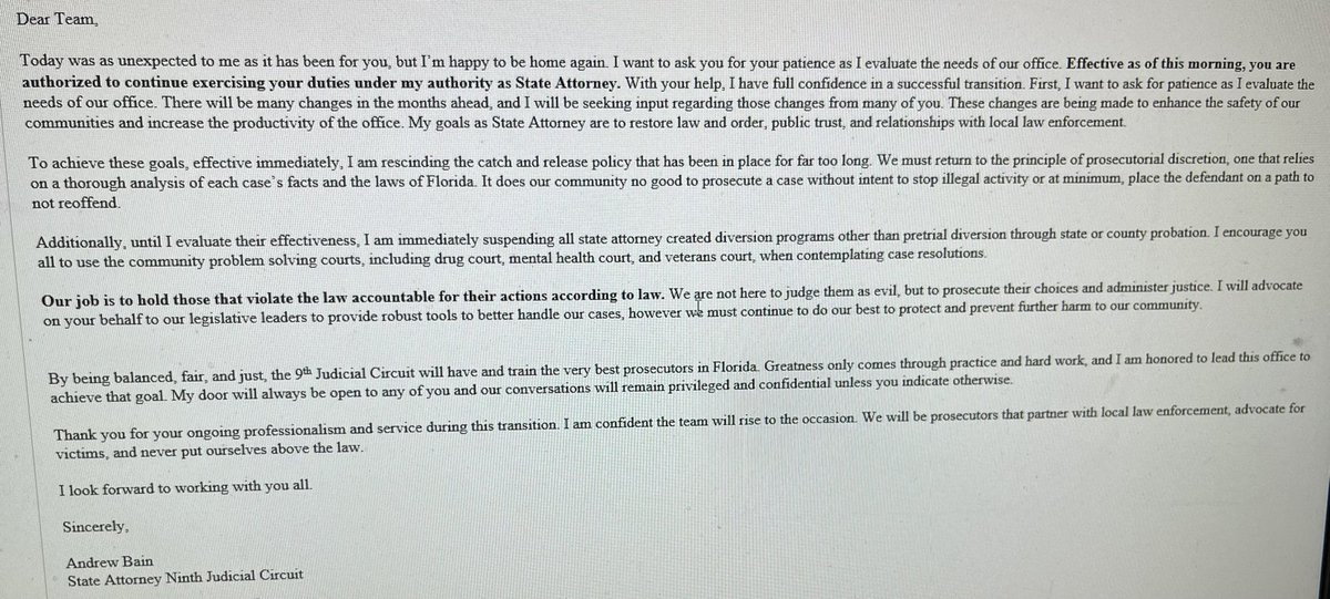 AnnaForFlorida's tweet image. Email sent to employees of the 9th Circuit SA Office — absolutely absurd for things to just go on as normal. DeSantis removed a duly elected official for political reasons. It’s sick.