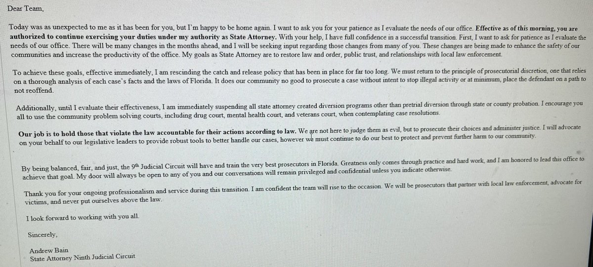 Email sent to employees of the 9th Circuit SA Office — absolutely absurd for things to just go on as normal. DeSantis removed a duly elected official for political reasons. It’s sick.